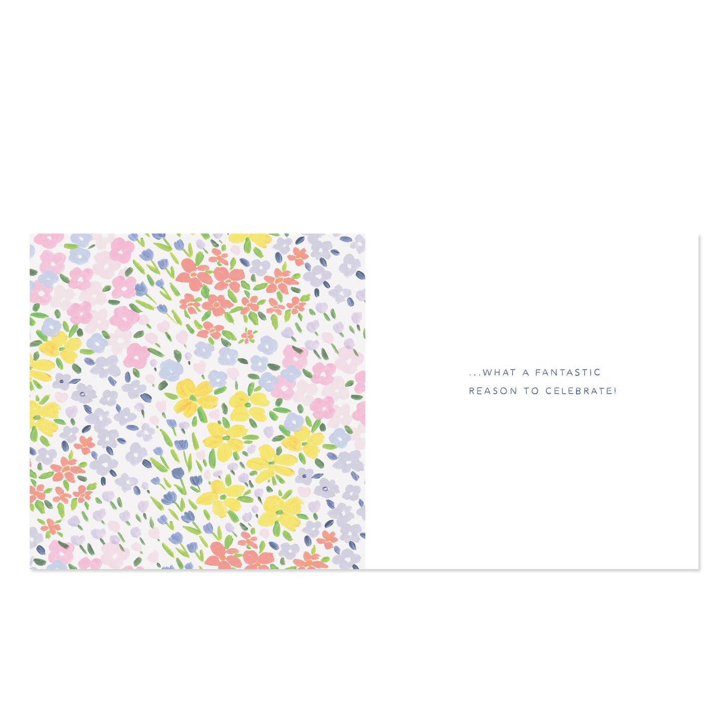A rectangular greeting card or note with a pastel floral print on the left half and the phrase '.