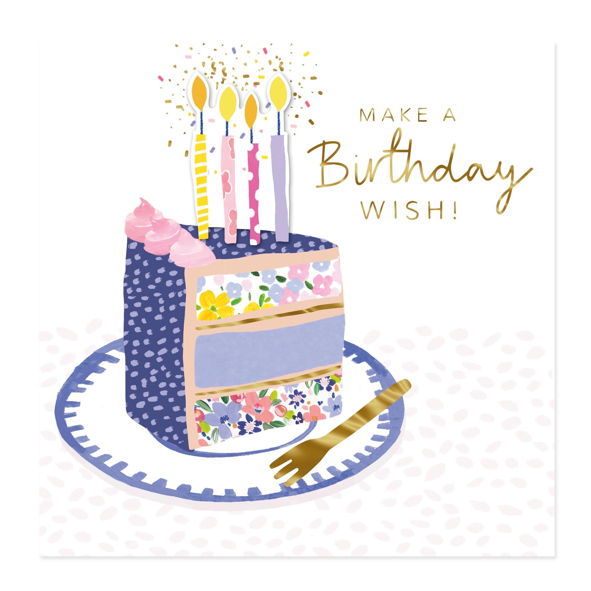 A square birthday card design featuring an illustrated slice of layered cake on a plate with three lit candles, gold confetti, and the text 'MAKE A Birthday WISH!' on a white background.