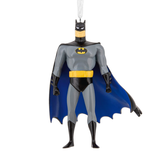 Resin Figural Batman ornament in action pose, featuring a grey suit, blue cape and detailed facial features.
