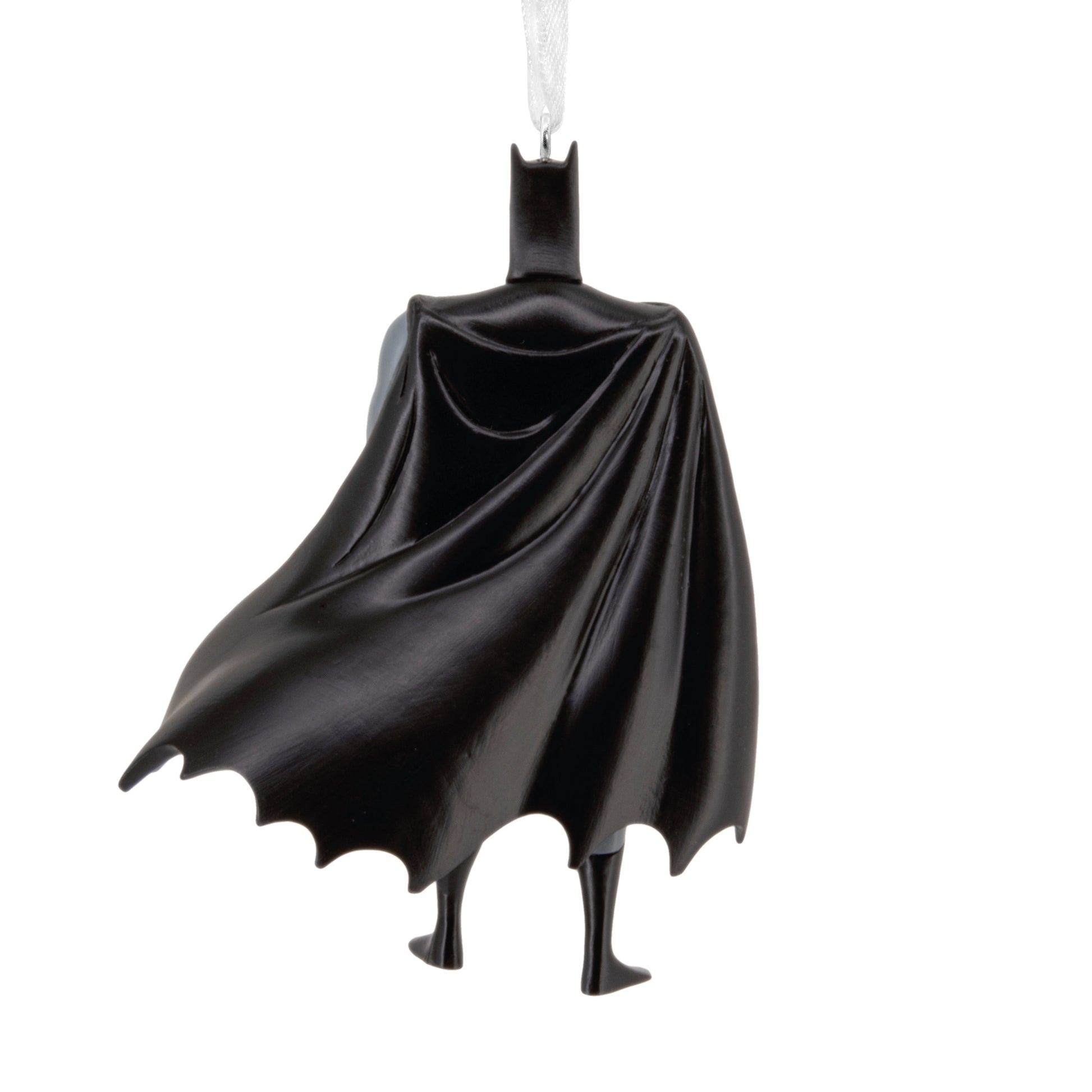 Resin Figural Batman ornament featuring a detailed black cape and hanging ribbon for display or gifting.