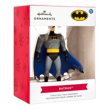 Resin Figural Batman Christmas tree ornament in display packaging with blue cape and yellow belt