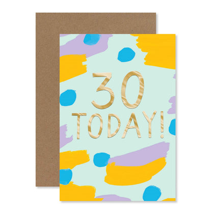 Connections from Hallmark 30th Birthday Card - 30 TODAY! with gold foil lettering, colourful brush strokes, and a kraft envelope.