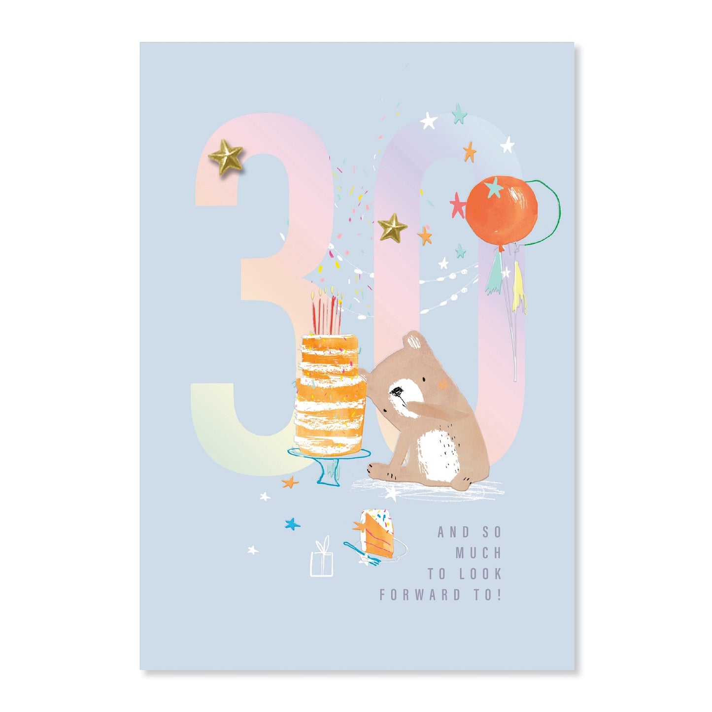 Connections from Hallmark 30th Birthday Card - And so much to look forward to! features a cute bear, birthday cake, and colourful stars on a light blue background.