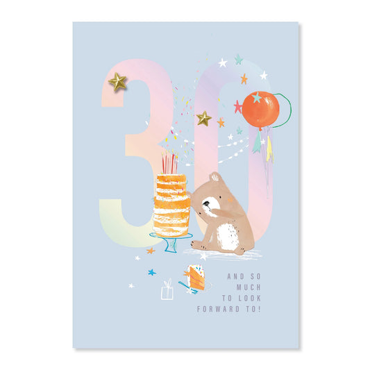 Connections from Hallmark 30th Birthday Card - And so much to look forward to! features a cute bear, birthday cake, and colourful stars on a light blue background.