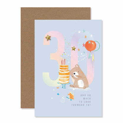 Connections from Hallmark 30th Birthday Card - And so much to look forward to! features a cute bear with cake and colourful balloons on a pastel background.