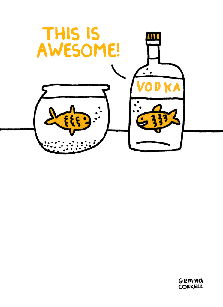Funny Illustrated Birthday Cartoon Vodka Goldfish