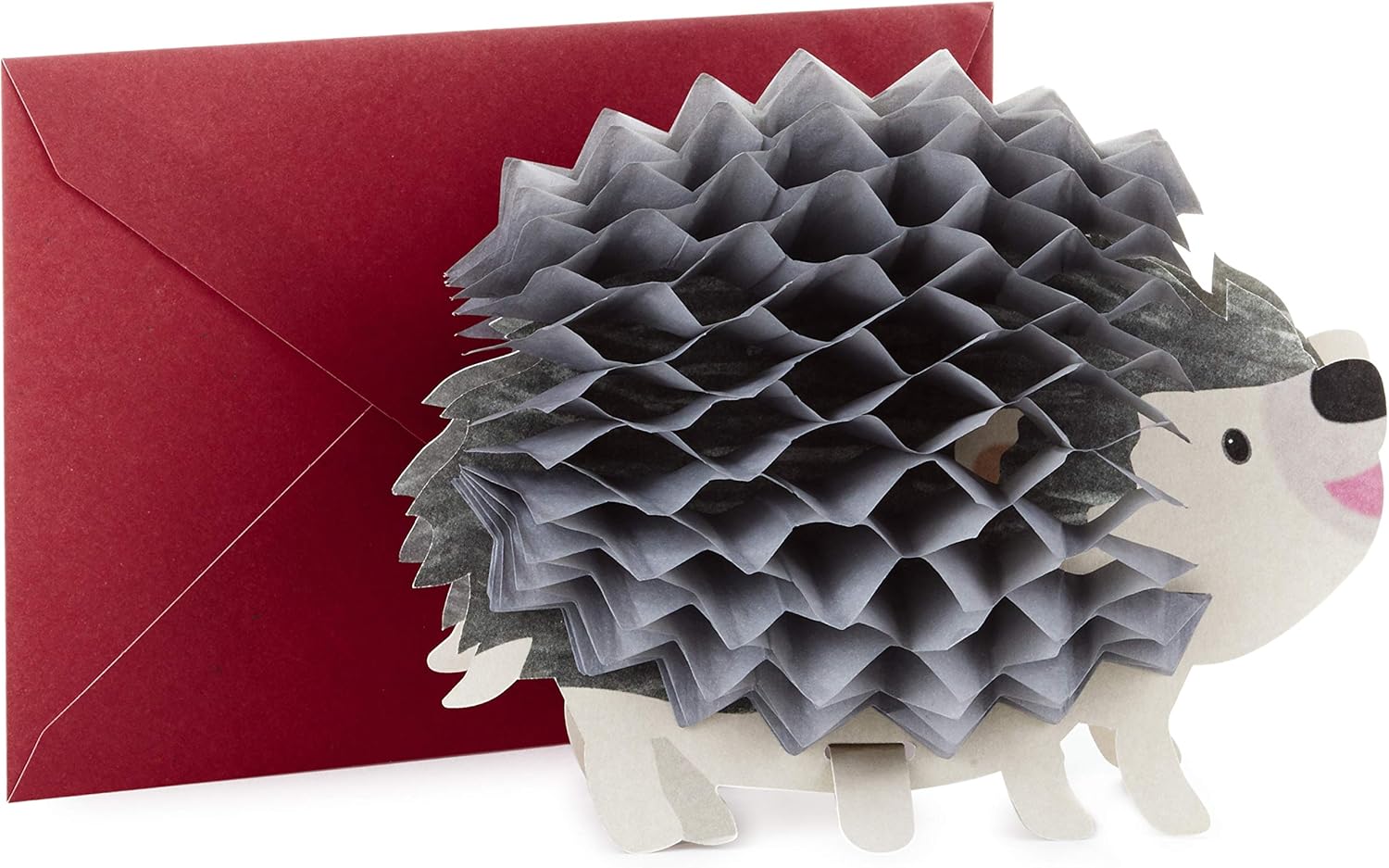 Hallmark Pop Up Birthday Card (3D Honeycomb Hedgehog) with a flat red envelope and a cheerful pop-up hedgehog design.