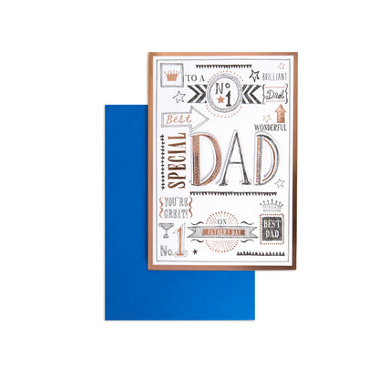 Fcc Dad No 1 Dad Rose Gold greeting card with blue envelope, featuring decorative text and icons on white background.