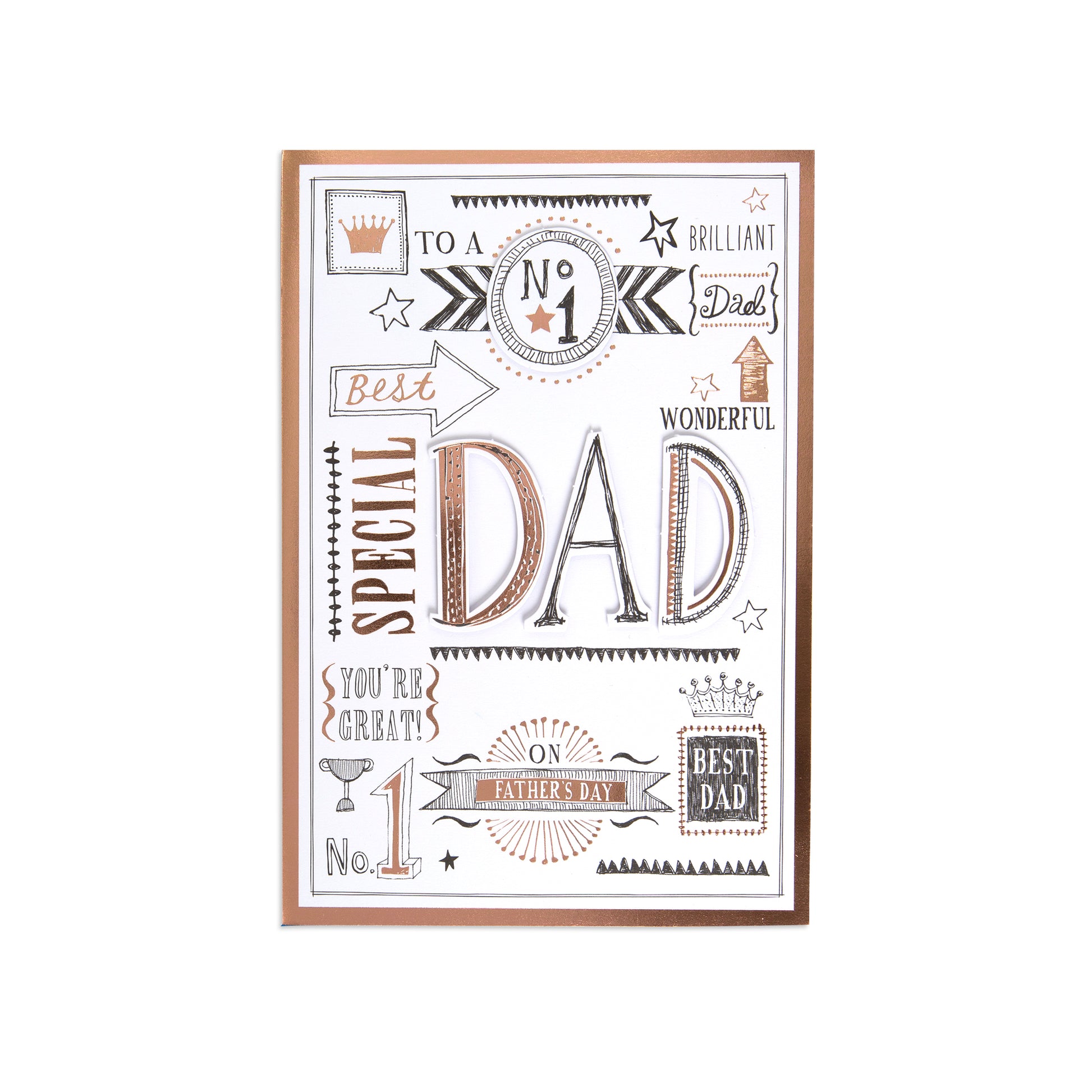 Fcc Dad No 1 Dad Rose Gold card featuring decorative typography and a polished rose gold border in a flat lay view.