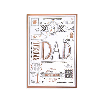 Fcc Dad No 1 Dad Rose Gold card featuring decorative typography and a polished rose gold border in a flat lay view.