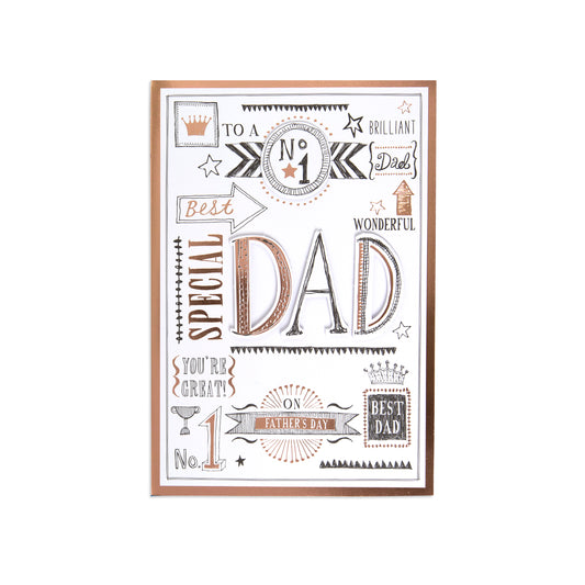 Fcc Dad No 1 Dad Rose Gold card featuring decorative typography and a polished rose gold border in a flat lay view.