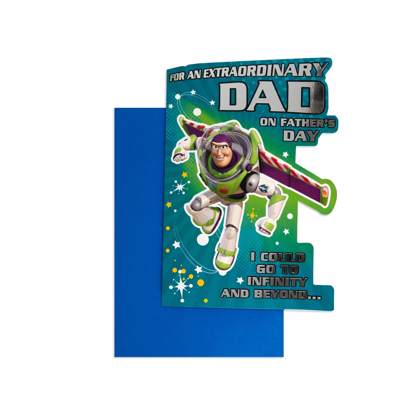 Fcc Dad Buzz Lightyear card featuring vibrant colours and a superhero graphic, designed for Father's Day, flat lay view.