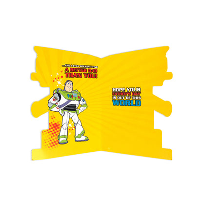 Fcc Dad Buzz Lightyear greeting card featuring vibrant yellow design and fun text, perfect for Father's Day.
