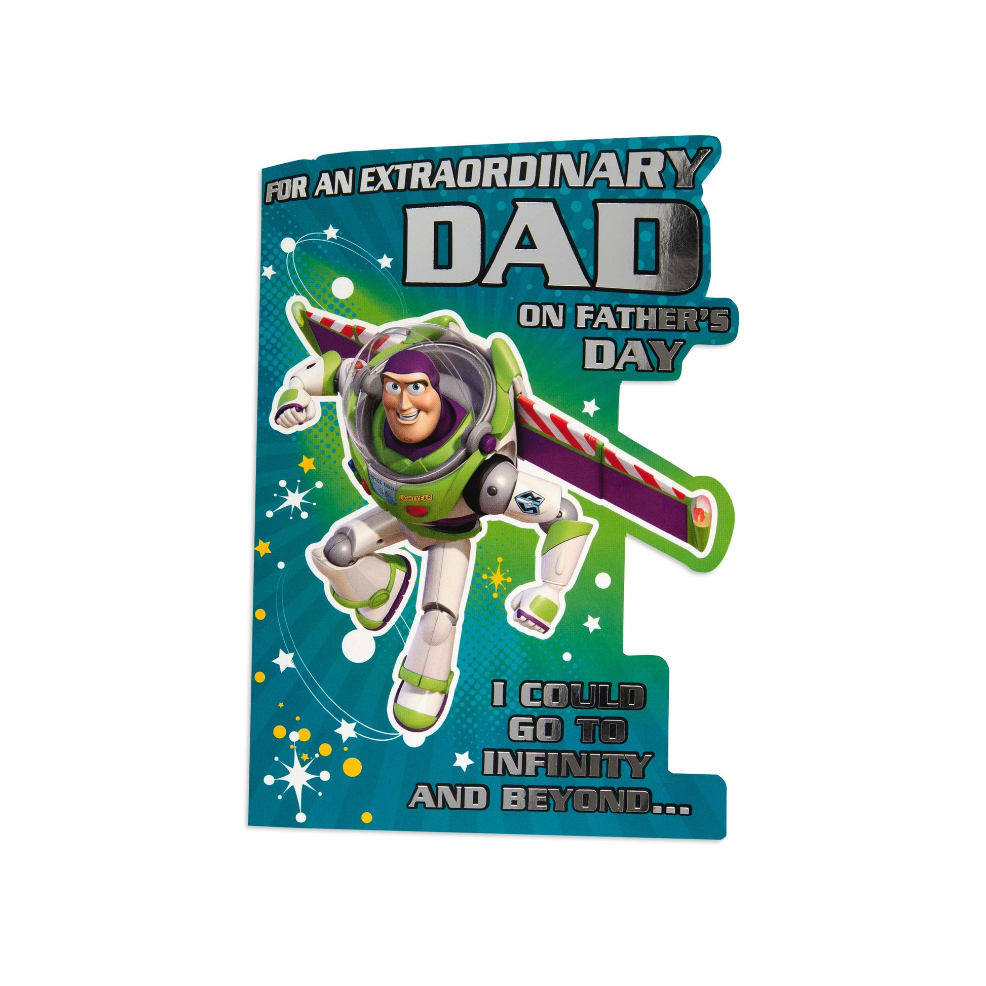 Fcc Dad Buzz Lightyear greeting card featuring Buzz Lightyear flying with colourful space theme and Father’s Day message.