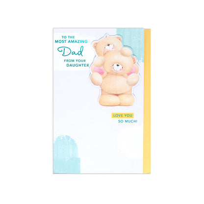 A greeting card with a die-cut illustration of two teddy bears hugging, with the text 'TO THE MOST AMAZING Dad FROM YOUR DAUGHTER' and 'LOVE YOU SO MUCH!' on a white card, shown with a yellow envelope against a white background.