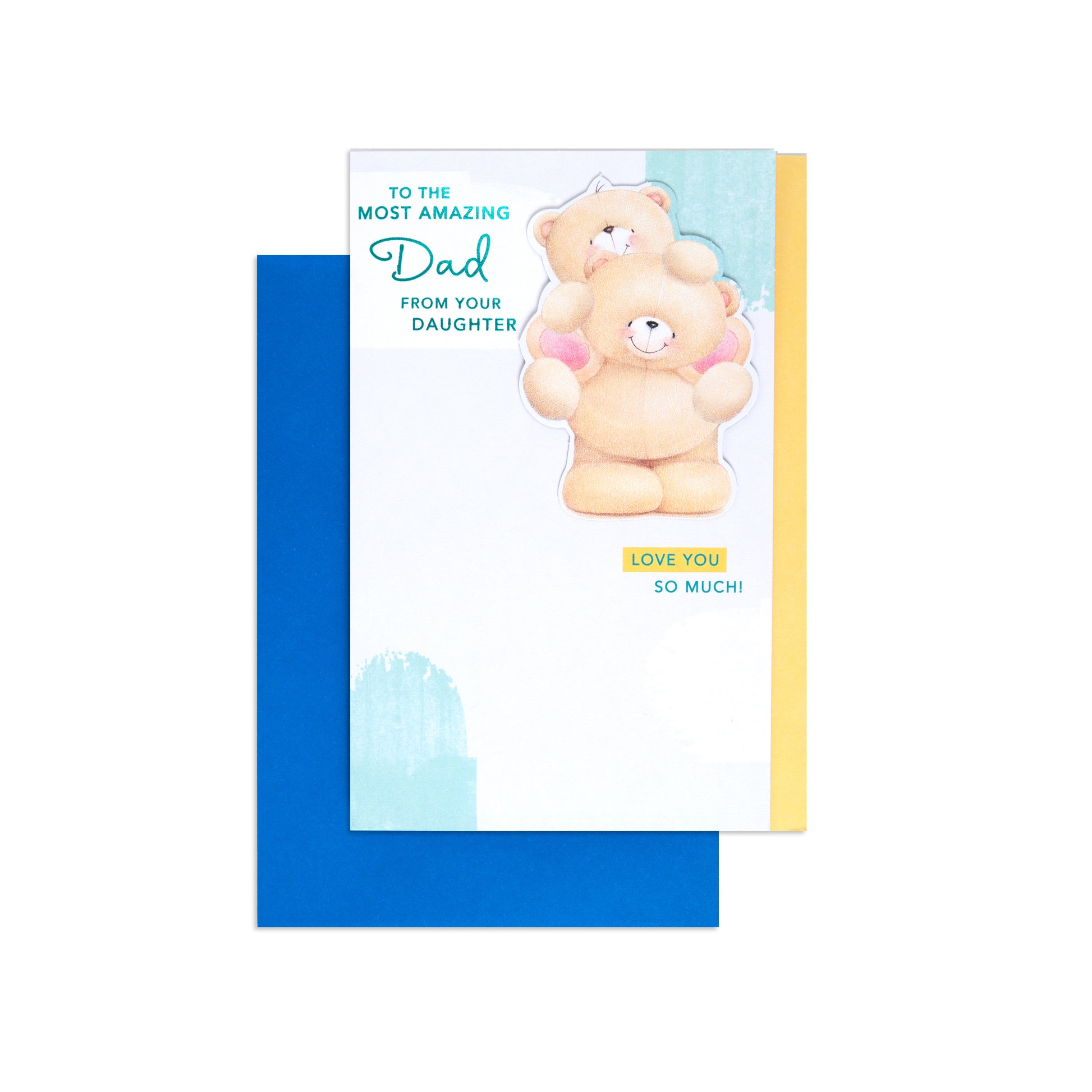 A Father's Day greeting card featuring a cute illustration of a teddy bear holding a smaller teddy bear, with the text 'TO THE MOST AMAZING Dad FROM YOUR DAUGHTER' and 'LOVE YOU SO MUCH!'. The card is shown with a blue envelope behind it on a white background.