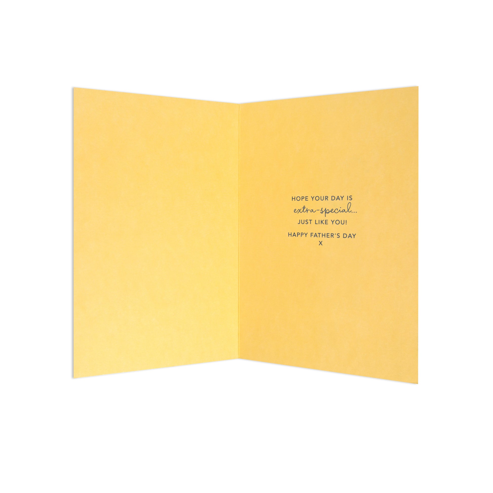 A folded yellow greeting card shown open against a white background, with small black handwritten text on the right panel reading, 'HOPE YOUR DAY IS extra special.