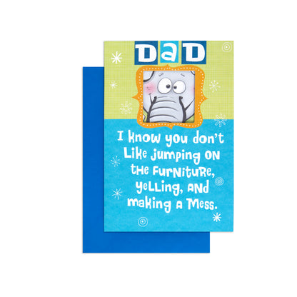 Fcc Dad Elephant greeting card featuring playful design, bright colours, and humorous text regarding jumping on furniture.