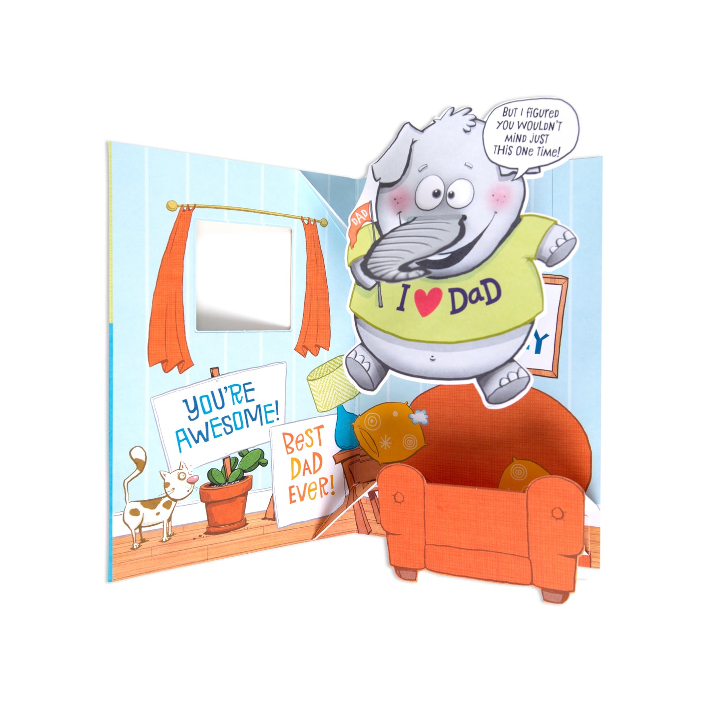 Fcc Dad Elephant pop-up card featuring an elephant wearing an 'I love Dad' shirt in a colourful living room setting.