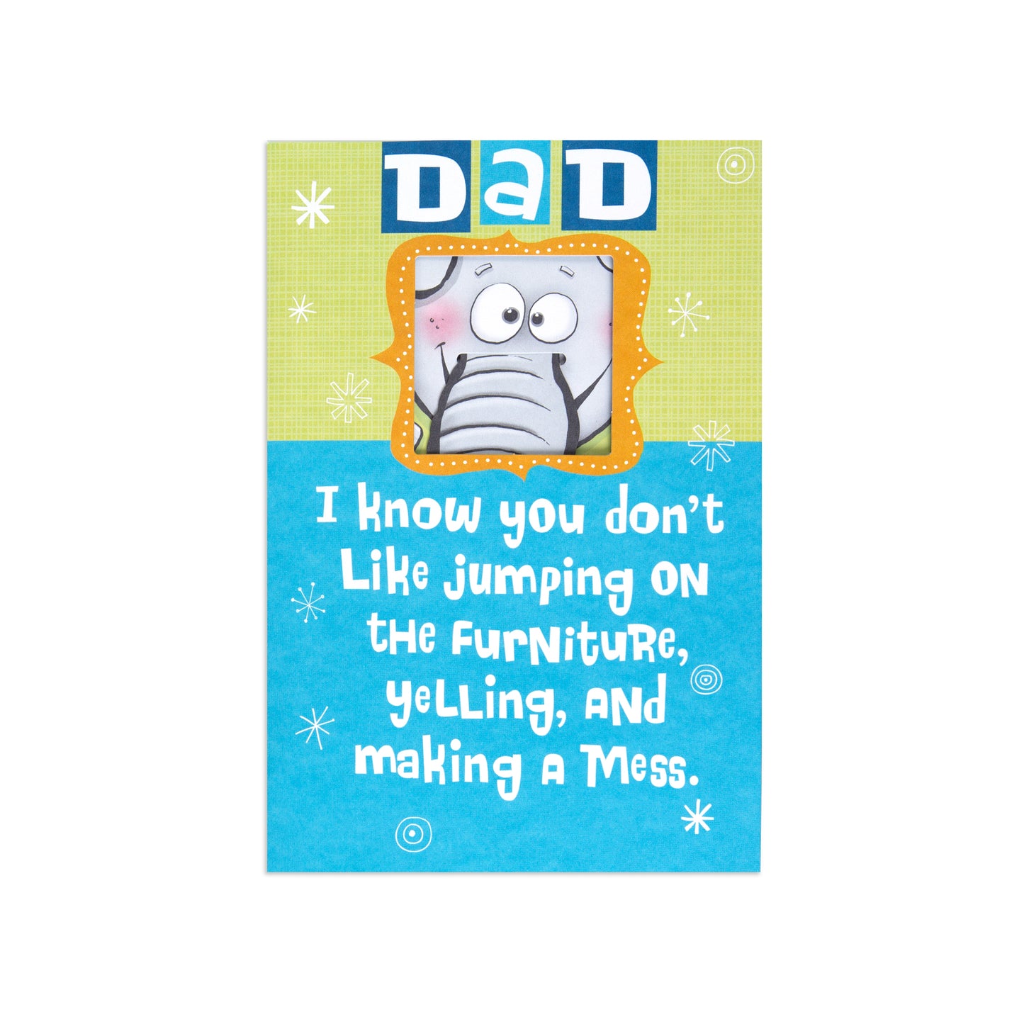 Fcc Dad Elephant card featuring playful text and cartoon design, perfect for Father's Day gift or celebration.