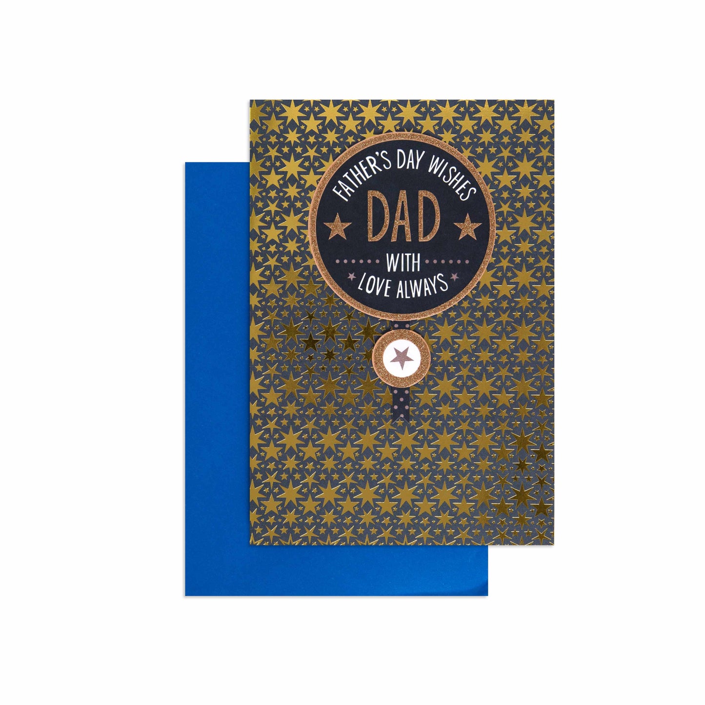 Fcc Gen Male Fdy Wishes St card with gold and blue design, featuring heartfelt Father's Day message on textured background.