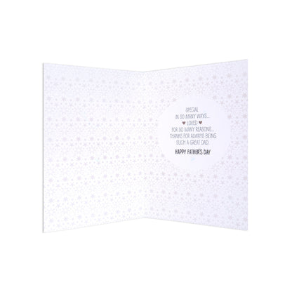 Fcc Gen Male Fdy Wishes St greeting card, white with subtle patterns, interior message for Father's Day, opened view.