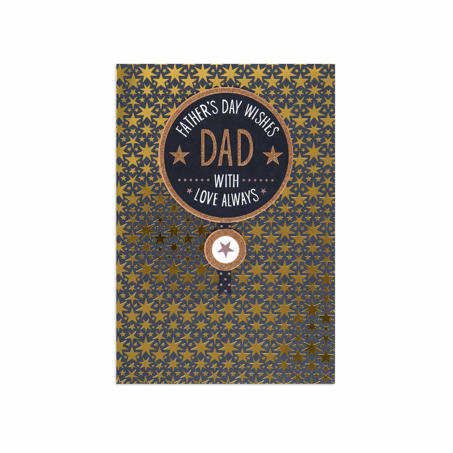 Fcc Gen Male Fdy Wishes St greeting card featuring gold star design and message for Father’s Day, flat lay view.