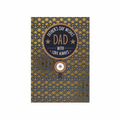 Fcc Gen Male Fdy Wishes St greeting card featuring gold star design and message for Father’s Day, flat lay view.