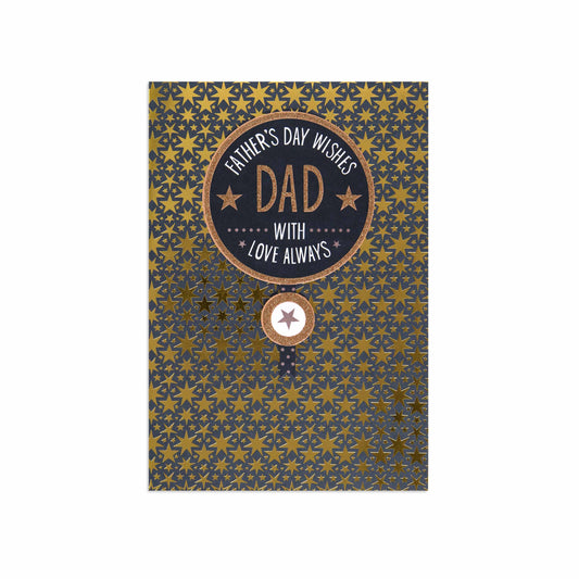 Fcc Gen Male Fdy Wishes St greeting card featuring gold star design and message for Father’s Day, flat lay view.