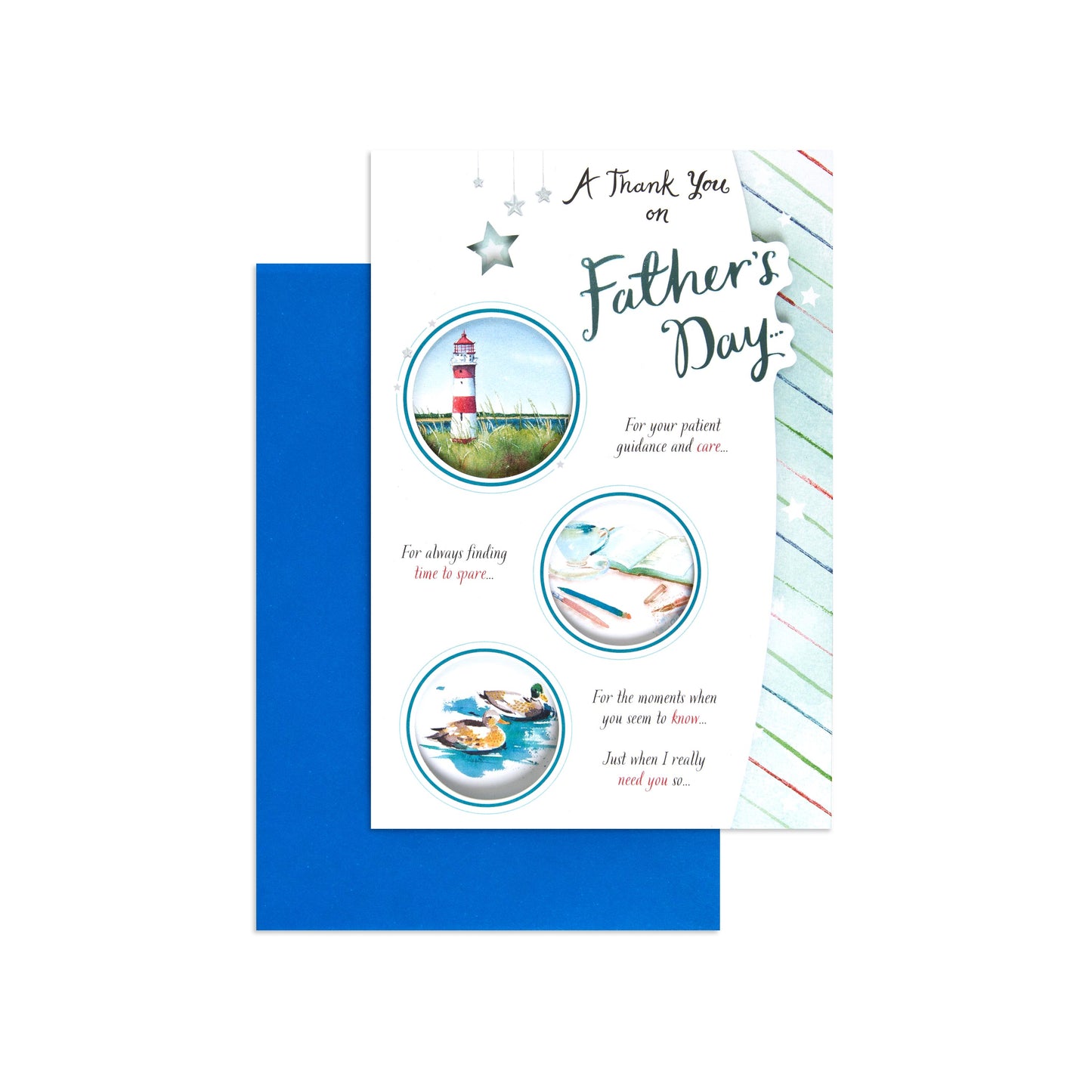 Fcc Gen Male Wishlighthouse card with blue envelope, featuring seaside images and Father's Day message in colourful design.