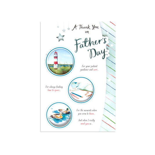 Fcc Gen Male Wishlighthouse Father's Day card featuring lighthouse and nature imagery, with heartfelt thank you messages and pastel design.