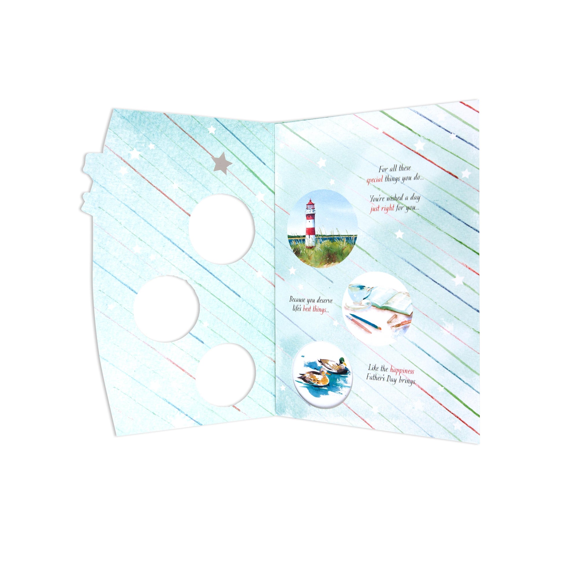 Fcc Gen Male Wishlighthouse greeting card featuring a colourful lighthouse illustration and cut-out windows, open view.