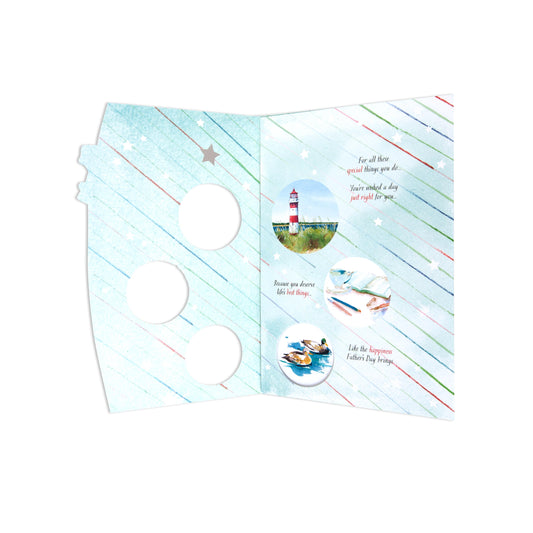 Fcc Gen Male Wishlighthouse greeting card featuring a colourful lighthouse illustration and cut-out windows, open view.