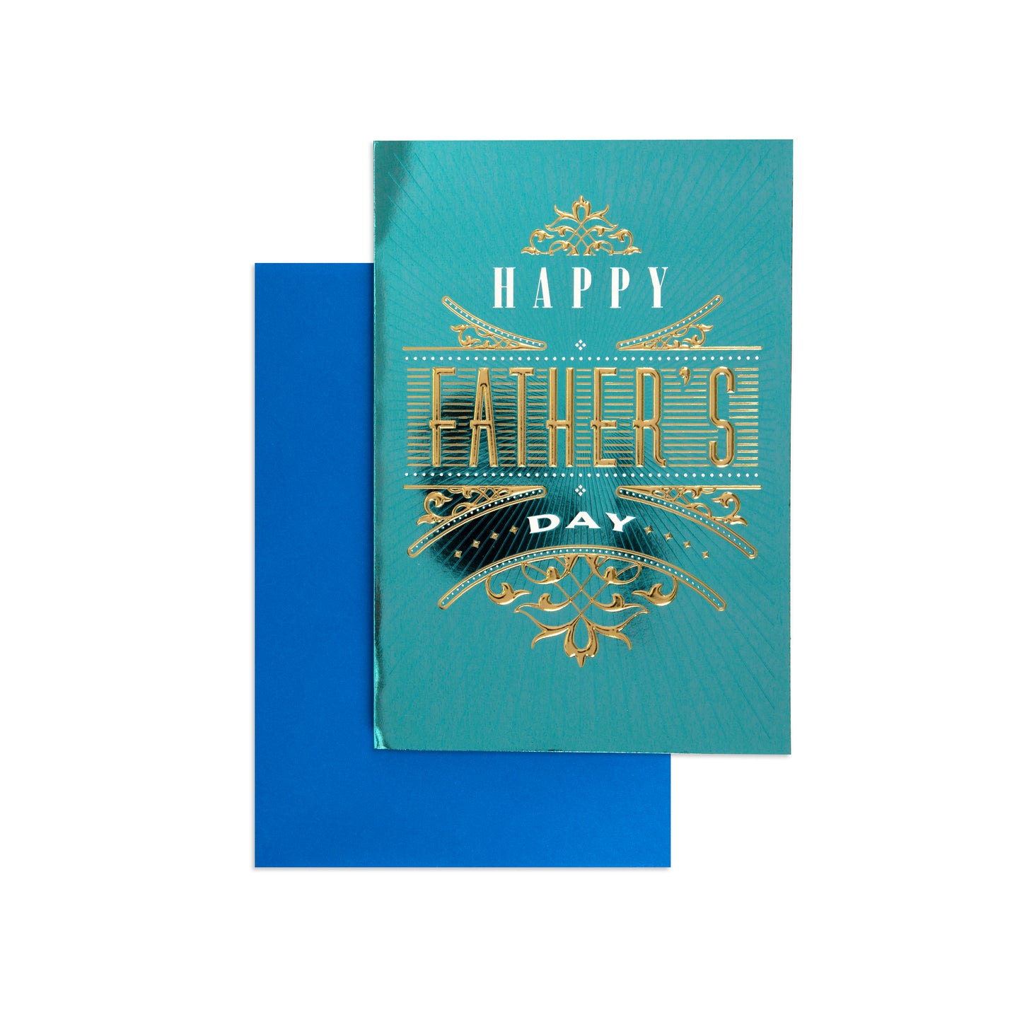 A Father's Day greeting card in a teal color with gold foil lettering and an envelope in a solid blue color, shown on a plain white background.