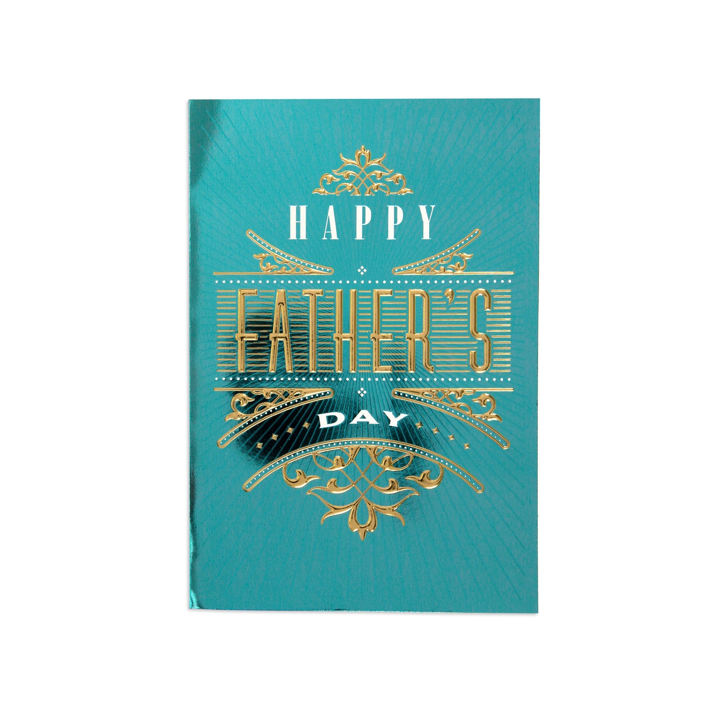 A turquoise blue greeting card with gold foil-style decorative lettering that reads 'HAPPY FATHER'S DAY' on a plain white background.