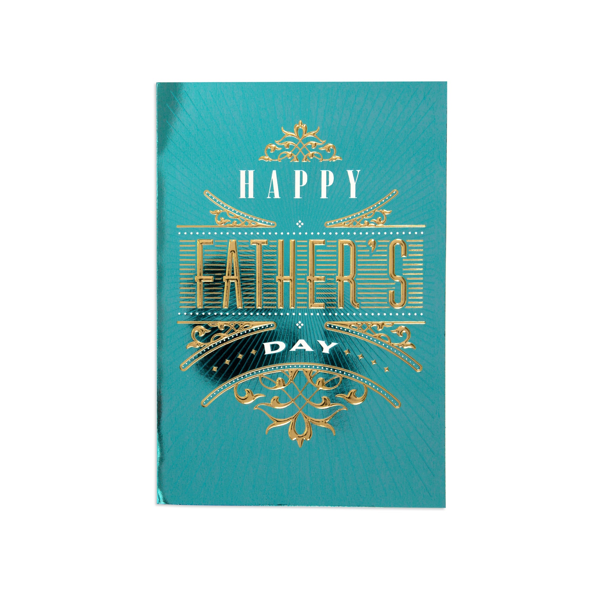 A turquoise blue greeting card with gold foil-style decorative lettering that reads 'HAPPY FATHER'S DAY' on a plain white background.