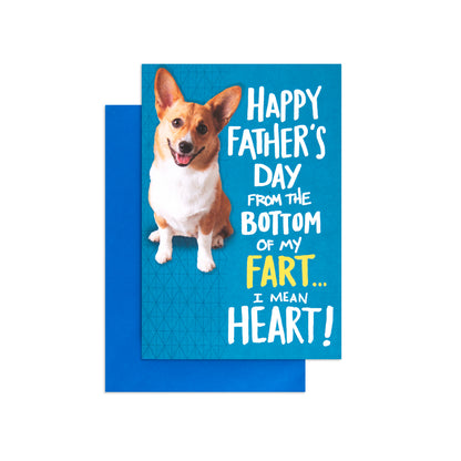 Hallmark Father's Day Card - Funny Dog Fart featuring a corgi design with a bright blue background and matching envelope.