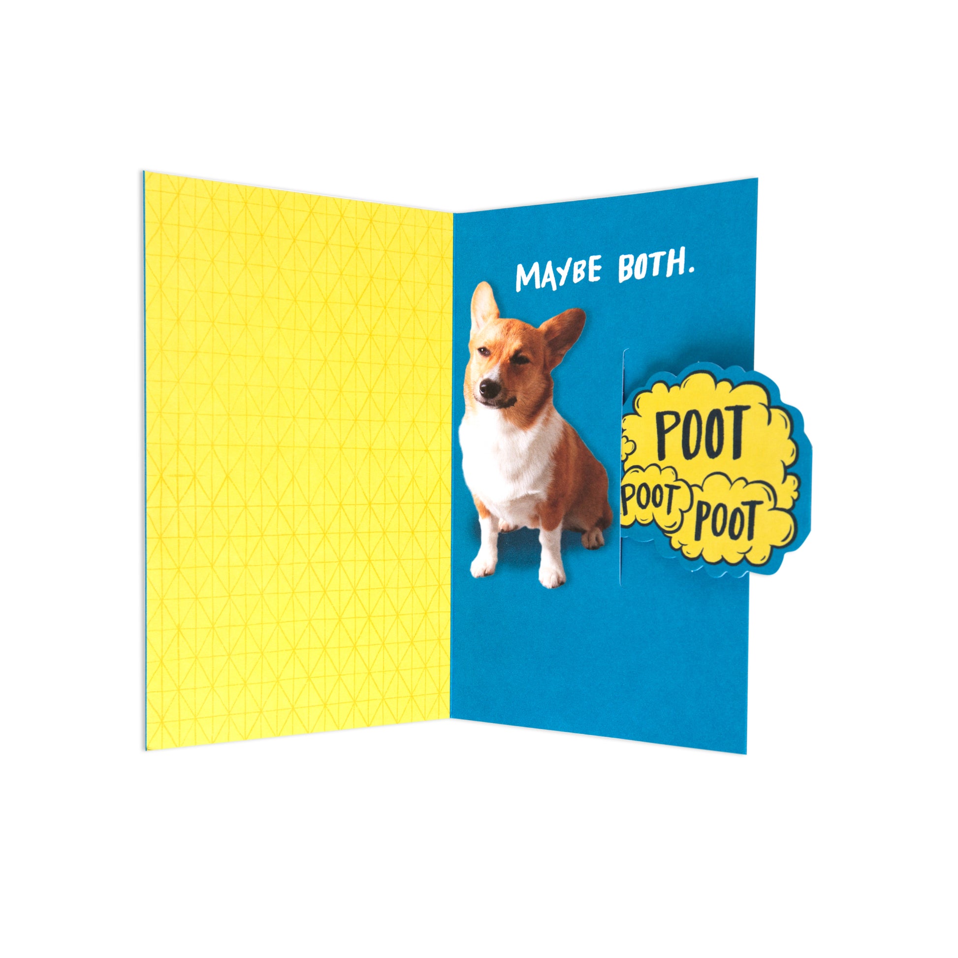 Hallmark Father's Day Card - Funny Dog Fart featuring a corgi inside, bright blue background with humorous pop-up text.