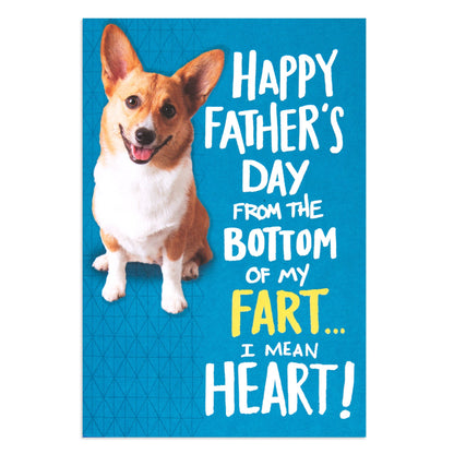 Hallmark Father's Day card - Funny Dog Fart featuring a corgi with a humorous message on a blue background