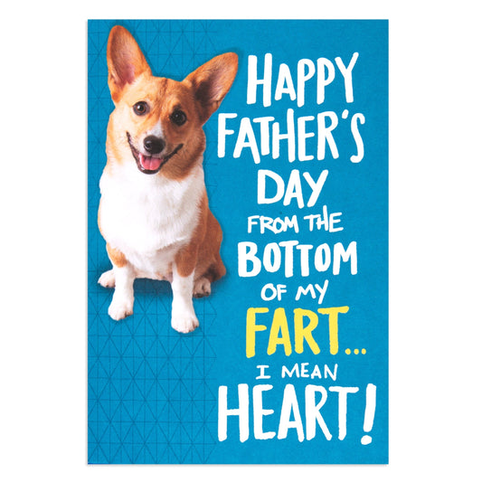 Hallmark Father's Day card - Funny Dog Fart featuring a corgi with a humorous message on a blue background
