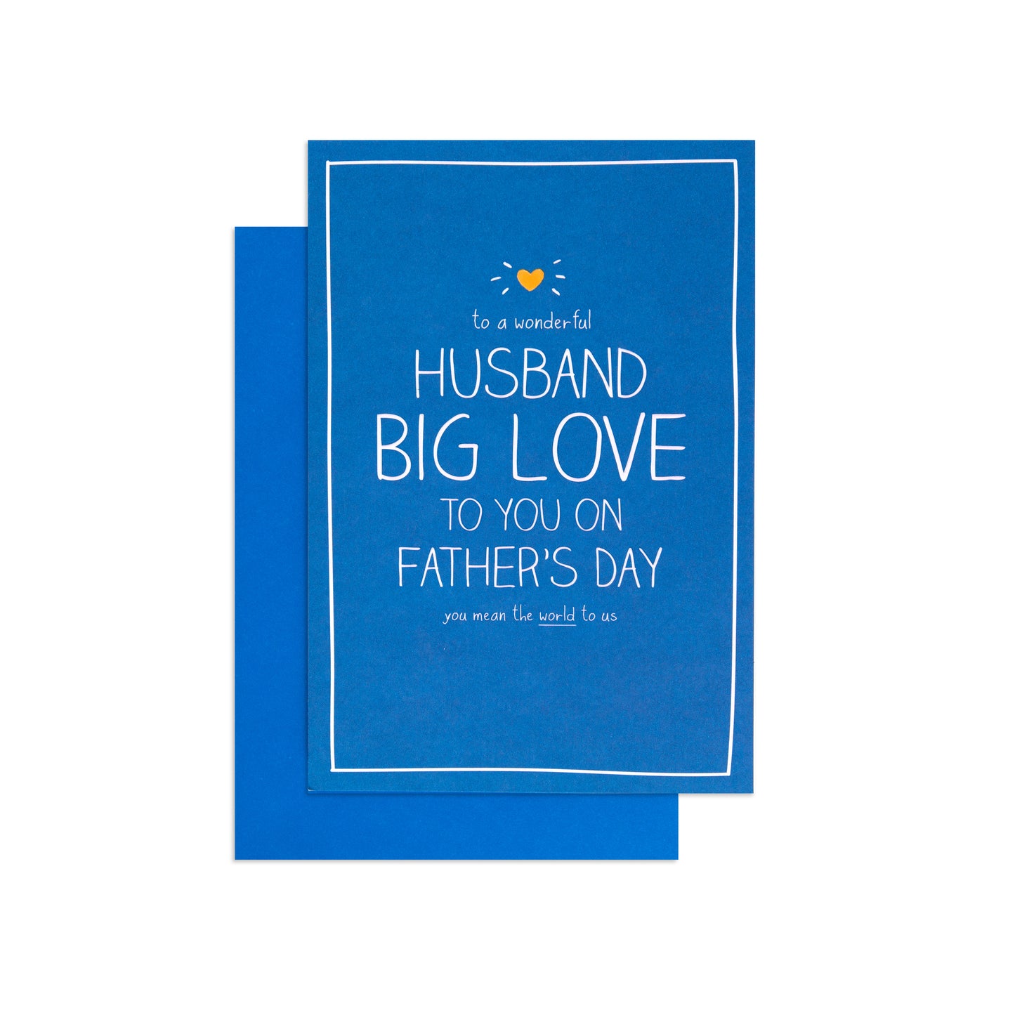 A blue greeting card with white text reading 'HUSBAND BIG LOVE TO YOU ON FATHER'S DAY' and a small yellow heart graphic, shown with a matching blue envelope on a white background.