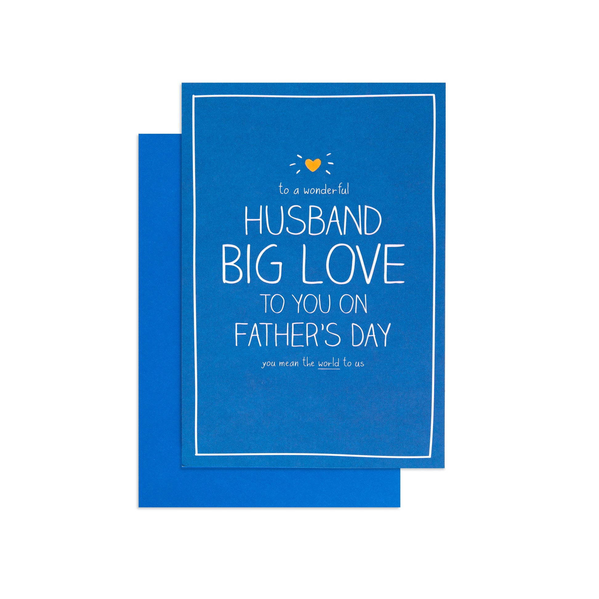 A blue greeting card with white text reading 'HUSBAND BIG LOVE TO YOU ON FATHER'S DAY' and a small yellow heart graphic, shown with a matching blue envelope on a white background.