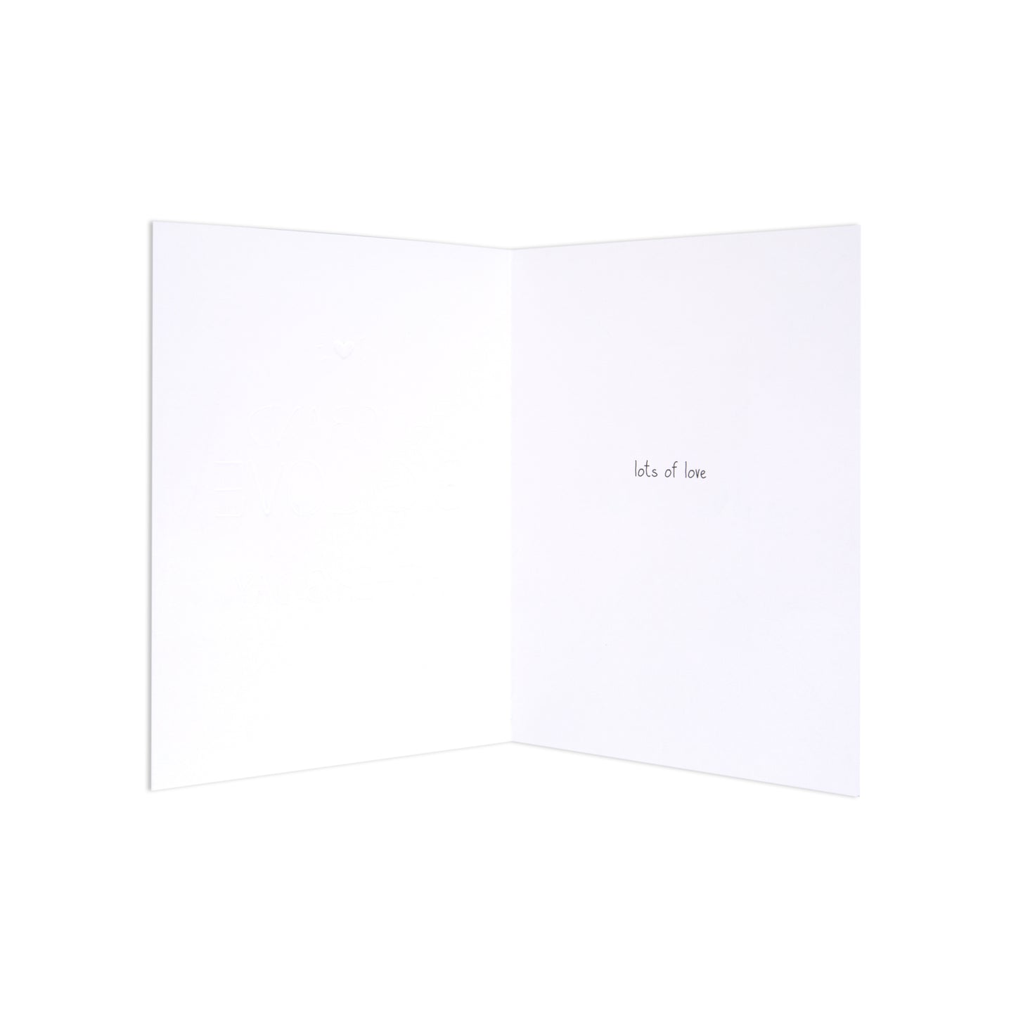 An open white greeting card with the words 'let's, love' printed in small black script on the right-hand page, shown against a solid white background.