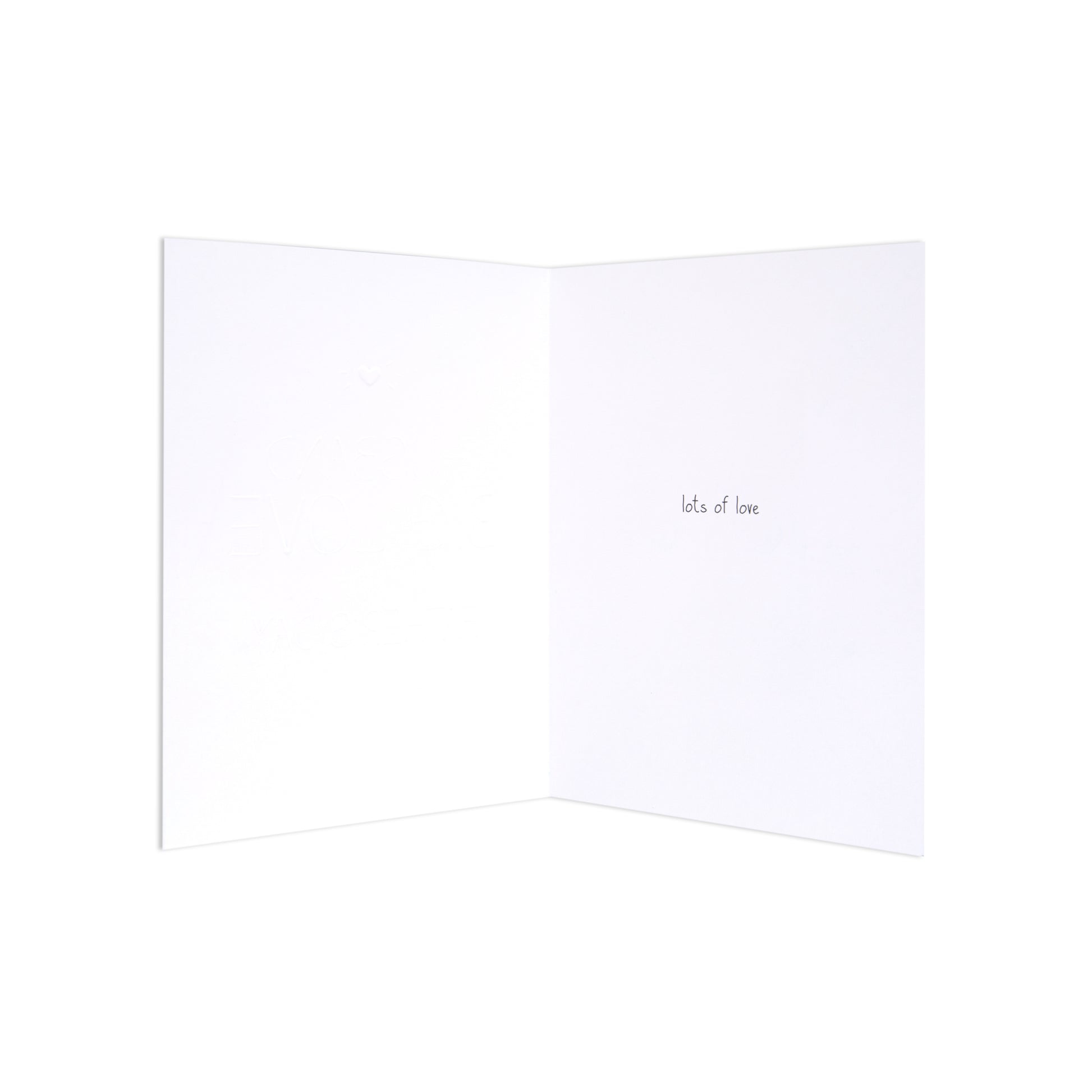 An open white greeting card with the words 'let's, love' printed in small black script on the right-hand page, shown against a solid white background.