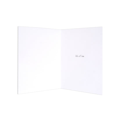 An open white greeting card with the words 'let's, love' printed in small black script on the right-hand page, shown against a solid white background.