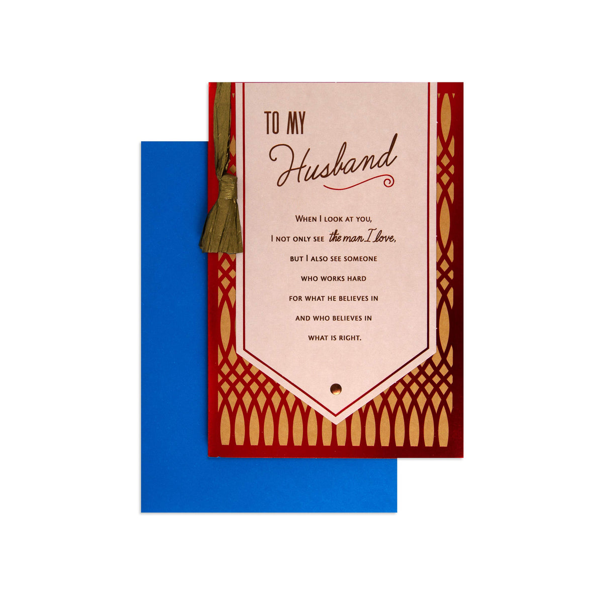 A square wedding invitation card with a red and gold Art Deco border design, featuring a pinkish-beige central panel with a poem addressed to a husband. The card is layered over a solid blue envelope, with a small green tassel hanging from the top.