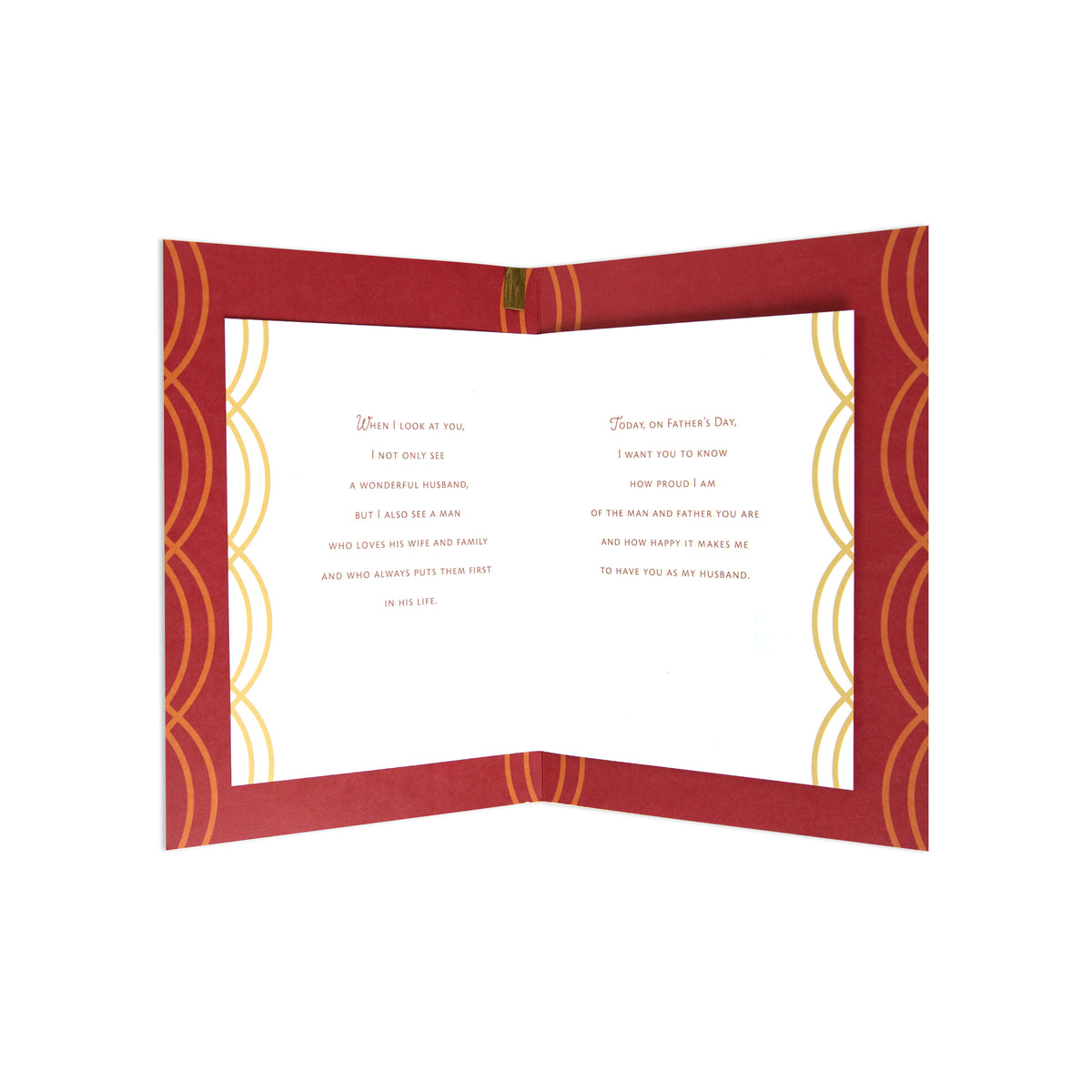 An open red greeting card with gold decorative border designs and printed Father's Day messages on a white interior, shown against a plain white background.