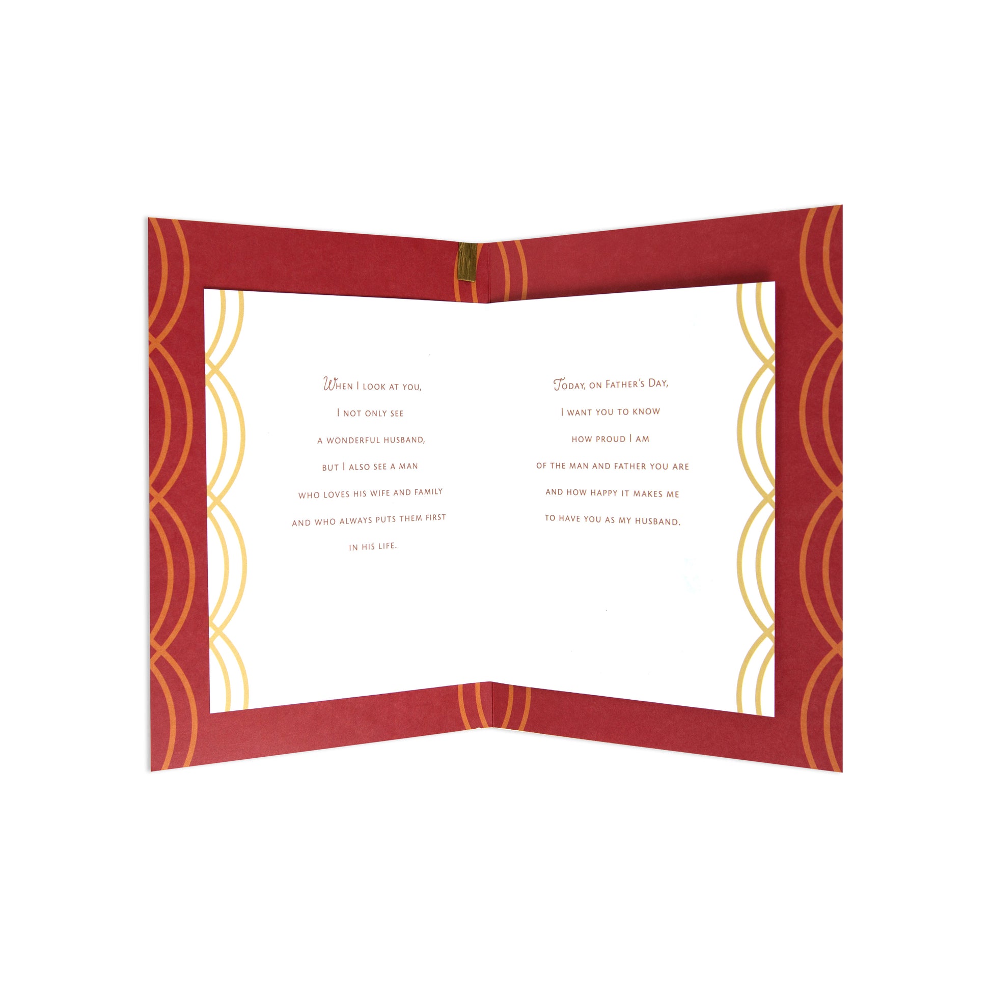 An open red greeting card with gold decorative border designs and printed Father's Day messages on a white interior, shown against a plain white background.