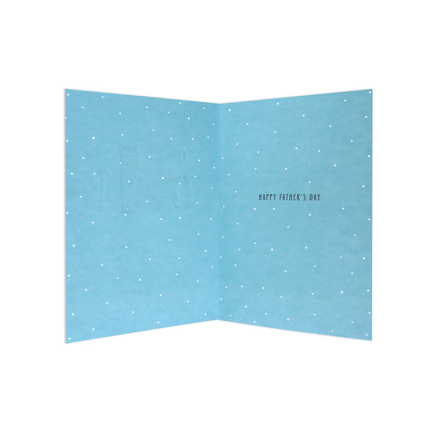 An open light blue Father's Day greeting card with a white polka dot pattern and the text 'HAPPY FATHER'S DAY' printed on the right panel.