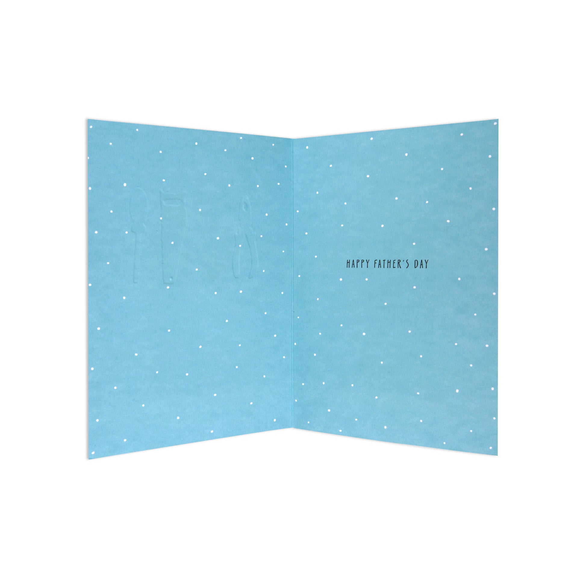 An open light blue Father's Day greeting card with a white polka dot pattern and the text 'HAPPY FATHER'S DAY' printed on the right panel.